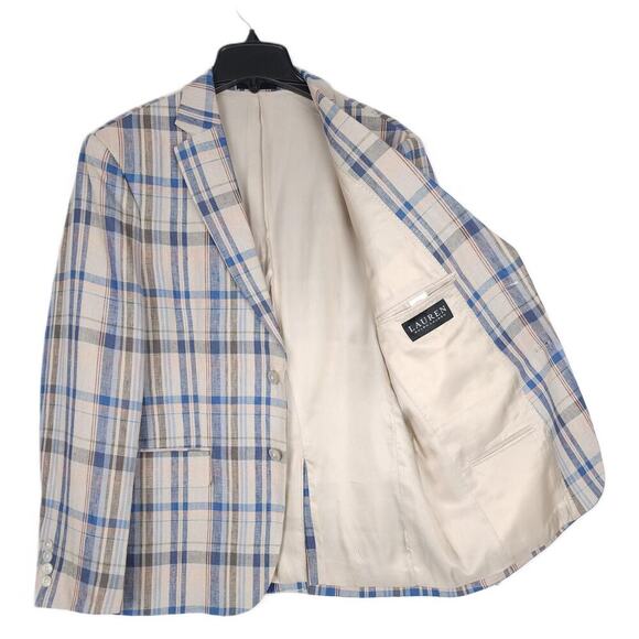 Lauren Ralph Lauren Men's Classic-Fit Linen Sport Coat Tan/Blue Plaid 44L NWT - Picture 2 of 4
